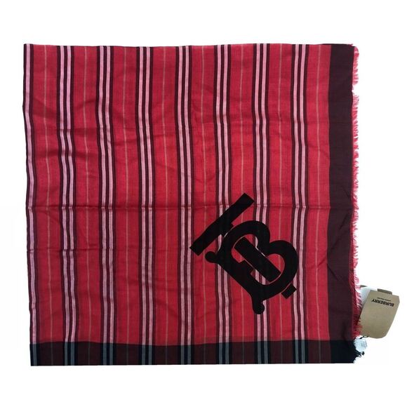 Burberry Accessories - BURBERRY Scarf Bright Red TB Heritage Stripe Wool Silk Italy Square 57x57" NEW‎